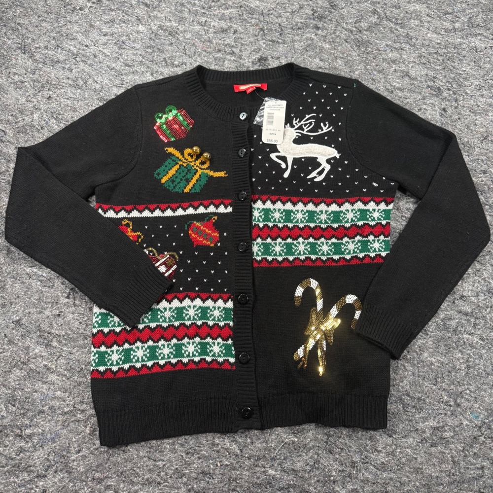Holiday Traditions Natti Christmas Deer Cardigan Sweater Black Sequin Bells M
